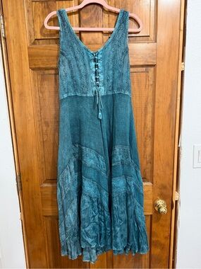 Flower Sleeveless Teal V-Neck Lace-Up Bohemian Dress